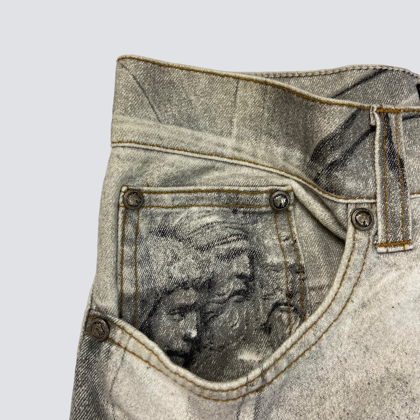 ROBERTO CAVALLI ARCHIVE FW94 ANGELS RENAISSANCE ART SANDBLASTED DENIM SUIT