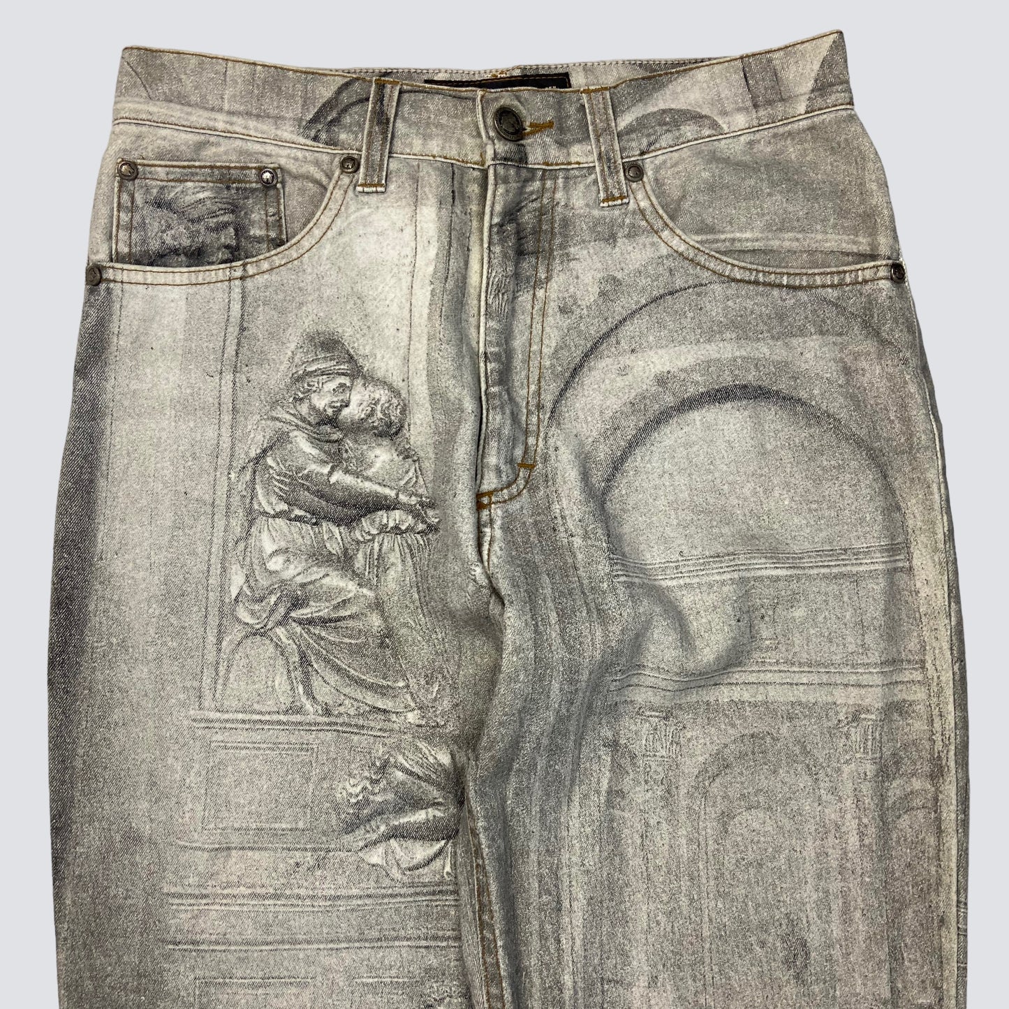 ROBERTO CAVALLI ARCHIVE FW94 ANGELS RENAISSANCE ART SANDBLASTED DENIM SUIT