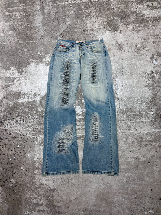 1990s DISTRESSED REPAIRED FADED DENIM PANTS