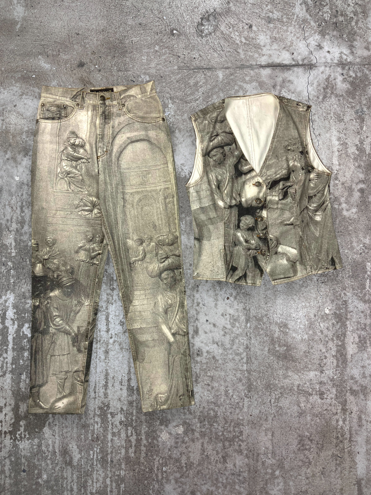 ROBERTO CAVALLI ARCHIVE FW94 ANGELS RENAISSANCE ART SANDBLASTED DENIM SUIT
