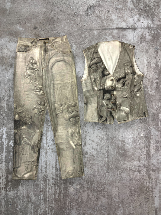 ROBERTO CAVALLI ARCHIVE FW94 ANGELS RENAISSANCE ART SANDBLASTED DENIM SUIT