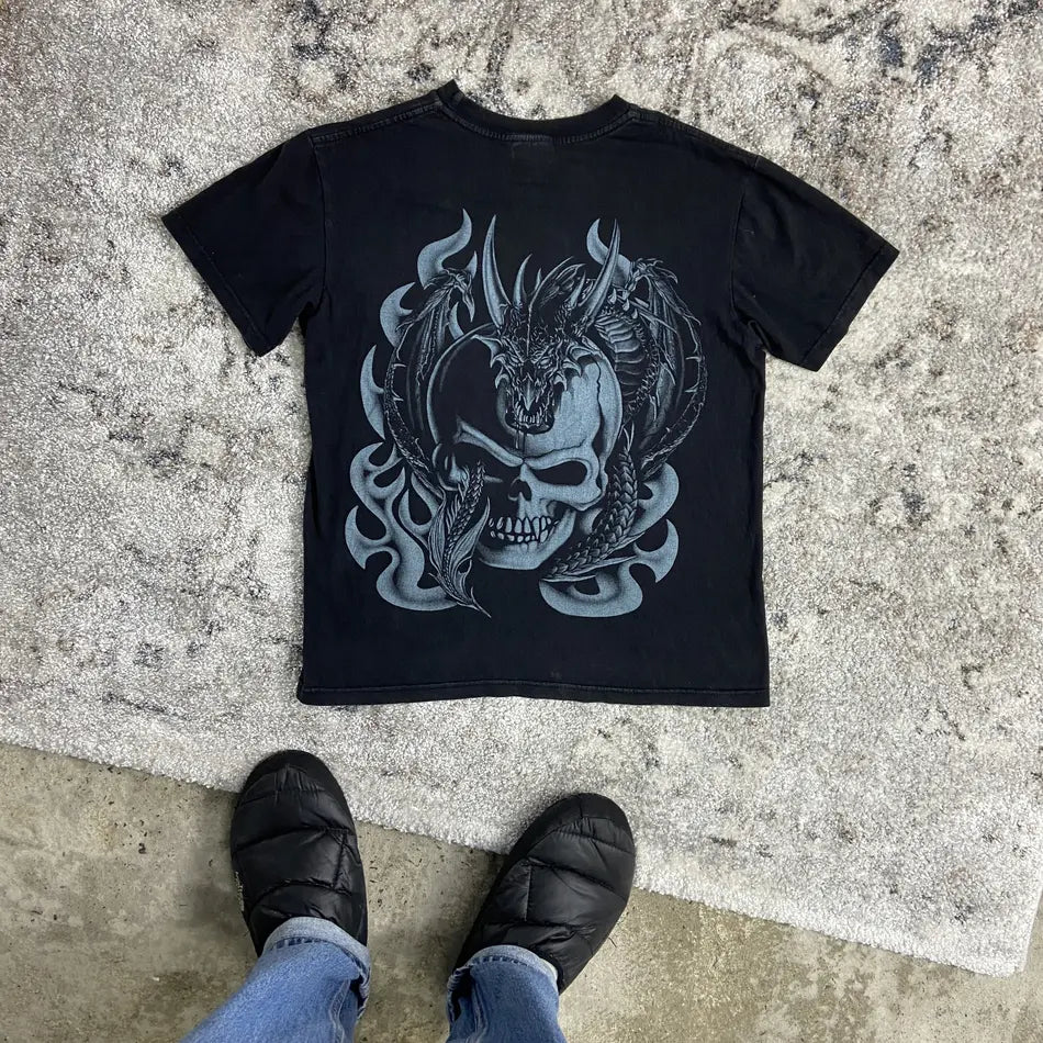 TRIBAL DRAGON SKULL FADED THUNDER TEE 1990s