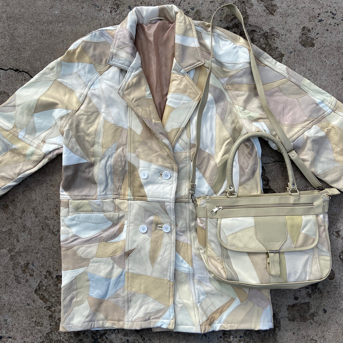 1980s PATCHWORK LEATHER COAT JACKET + CROSSBODY BAG