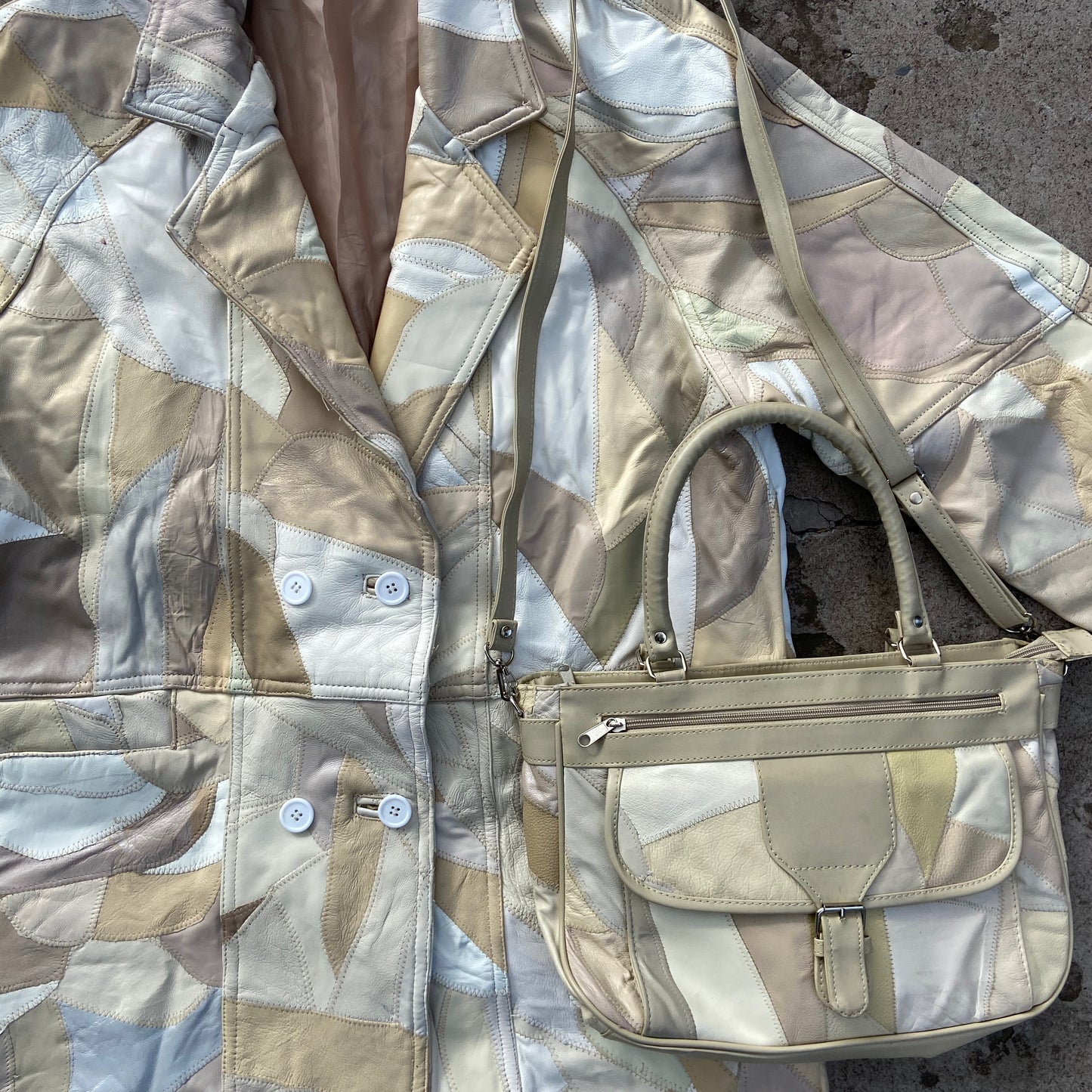 1980s PATCHWORK LEATHER COAT JACKET + CROSSBODY BAG