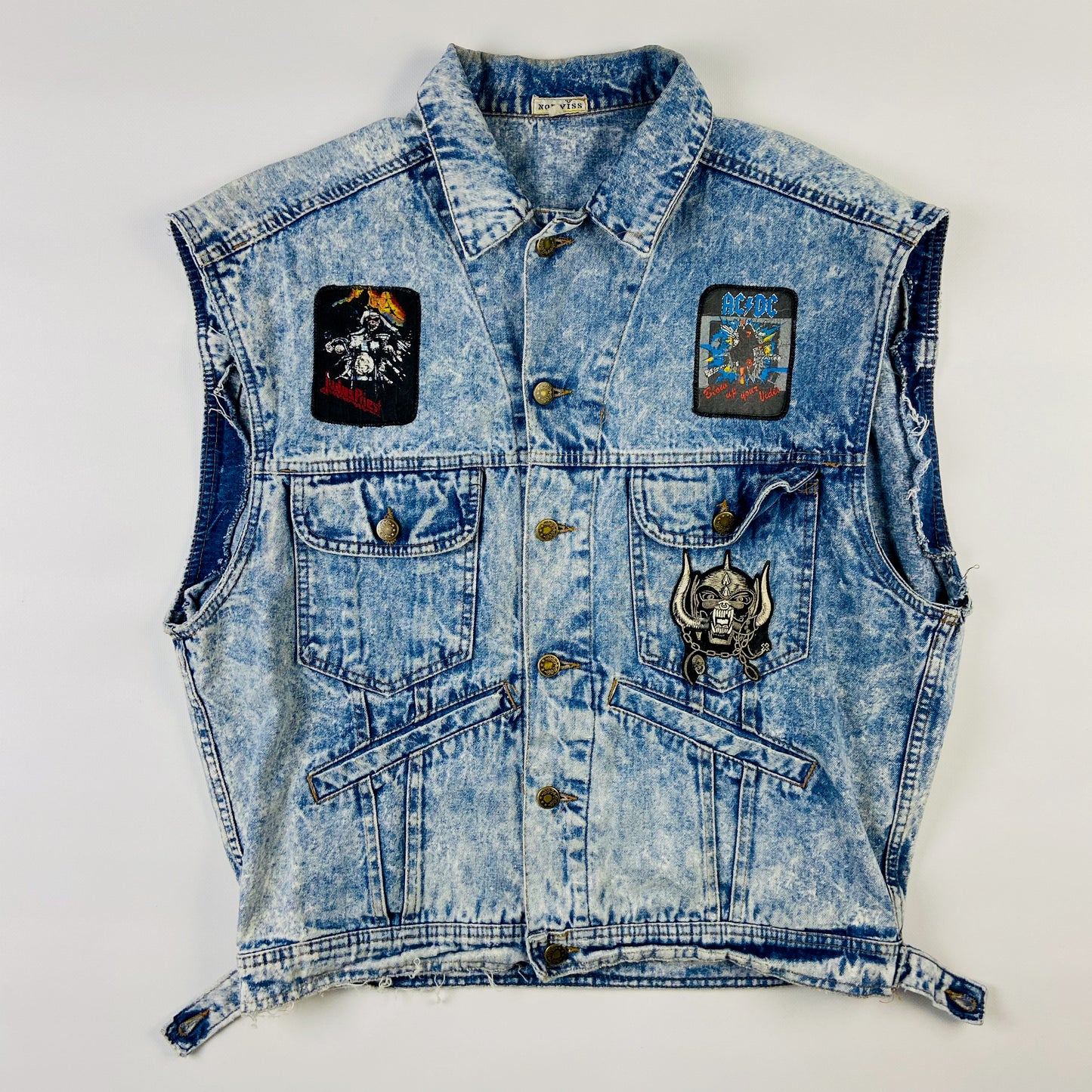 VINTAGE FADED ACID WASH DENIM VEST PINNED ORIGINAL ROCK BANDS BADGES 1980s