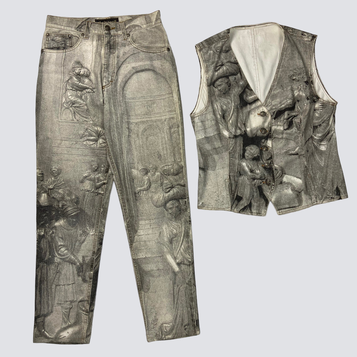 ROBERTO CAVALLI ARCHIVE FW94 ANGELS RENAISSANCE ART SANDBLASTED DENIM SUIT