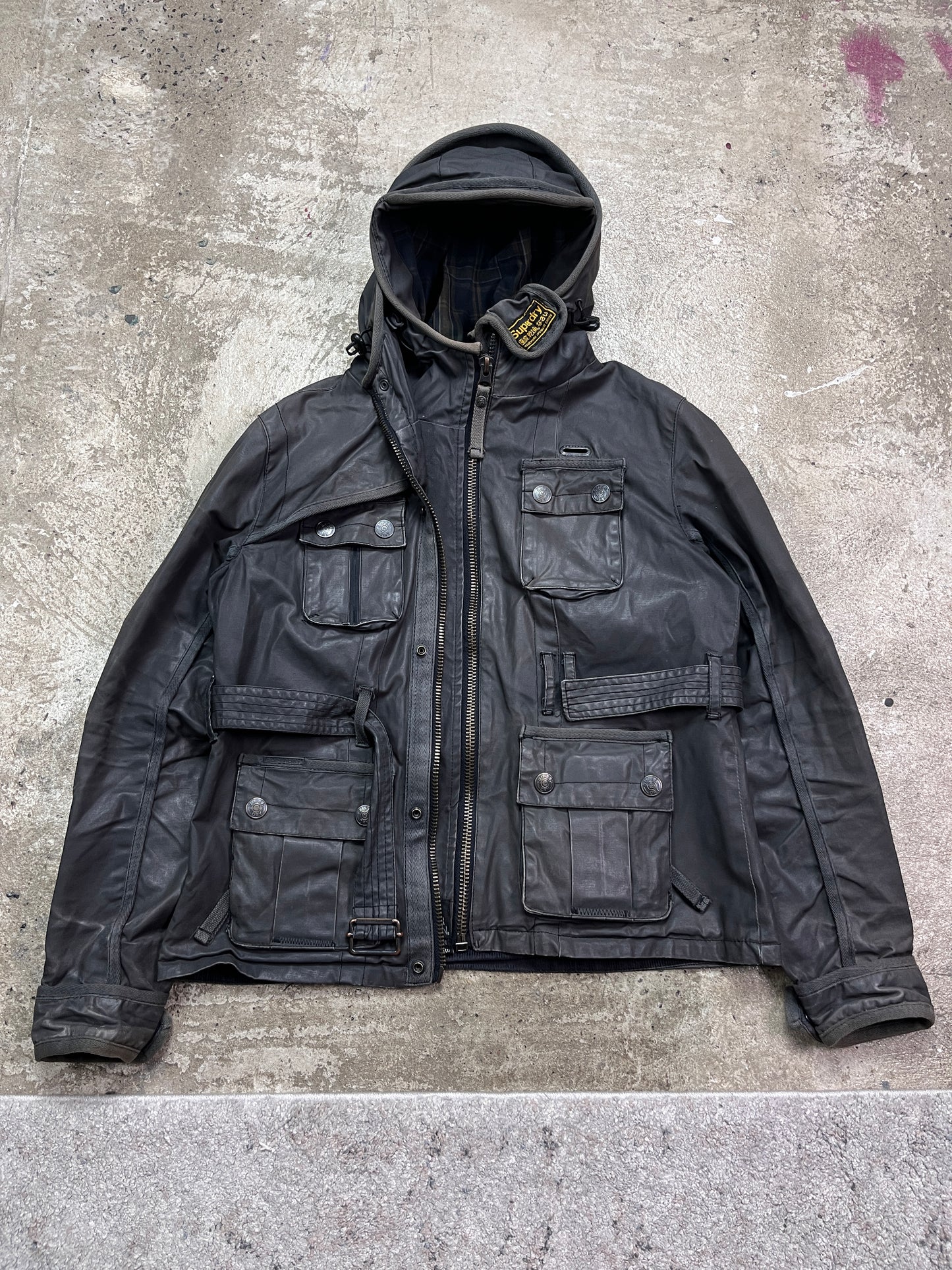 SUPERDRY DOUBLE HOODED WAXED MULTIPOCKET BIKER JACKET 2000s