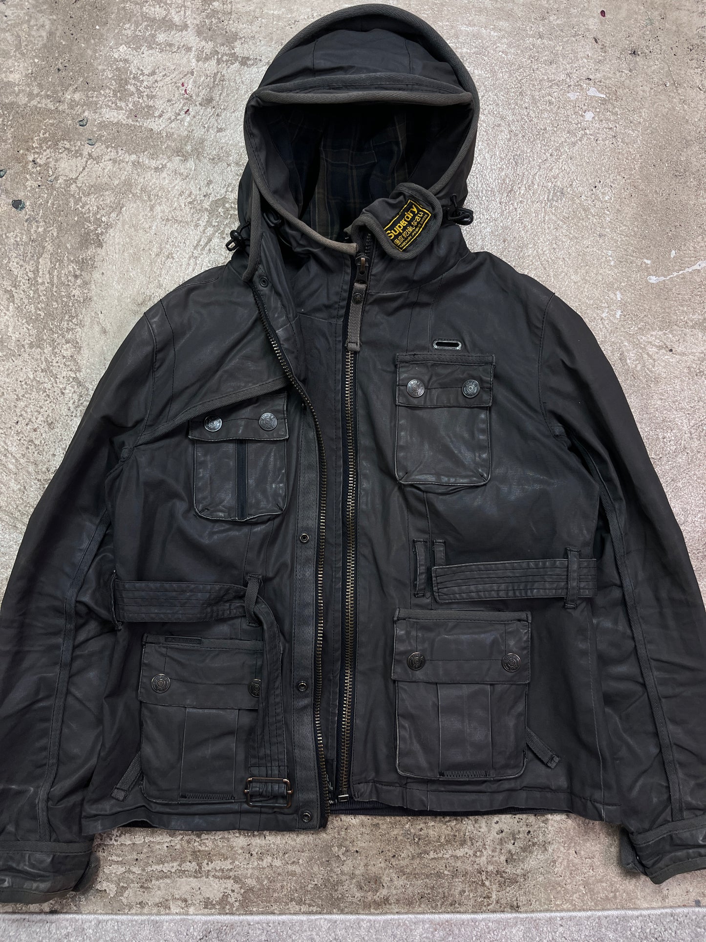SUPERDRY DOUBLE HOODED WAXED MULTIPOCKET BIKER JACKET 2000s