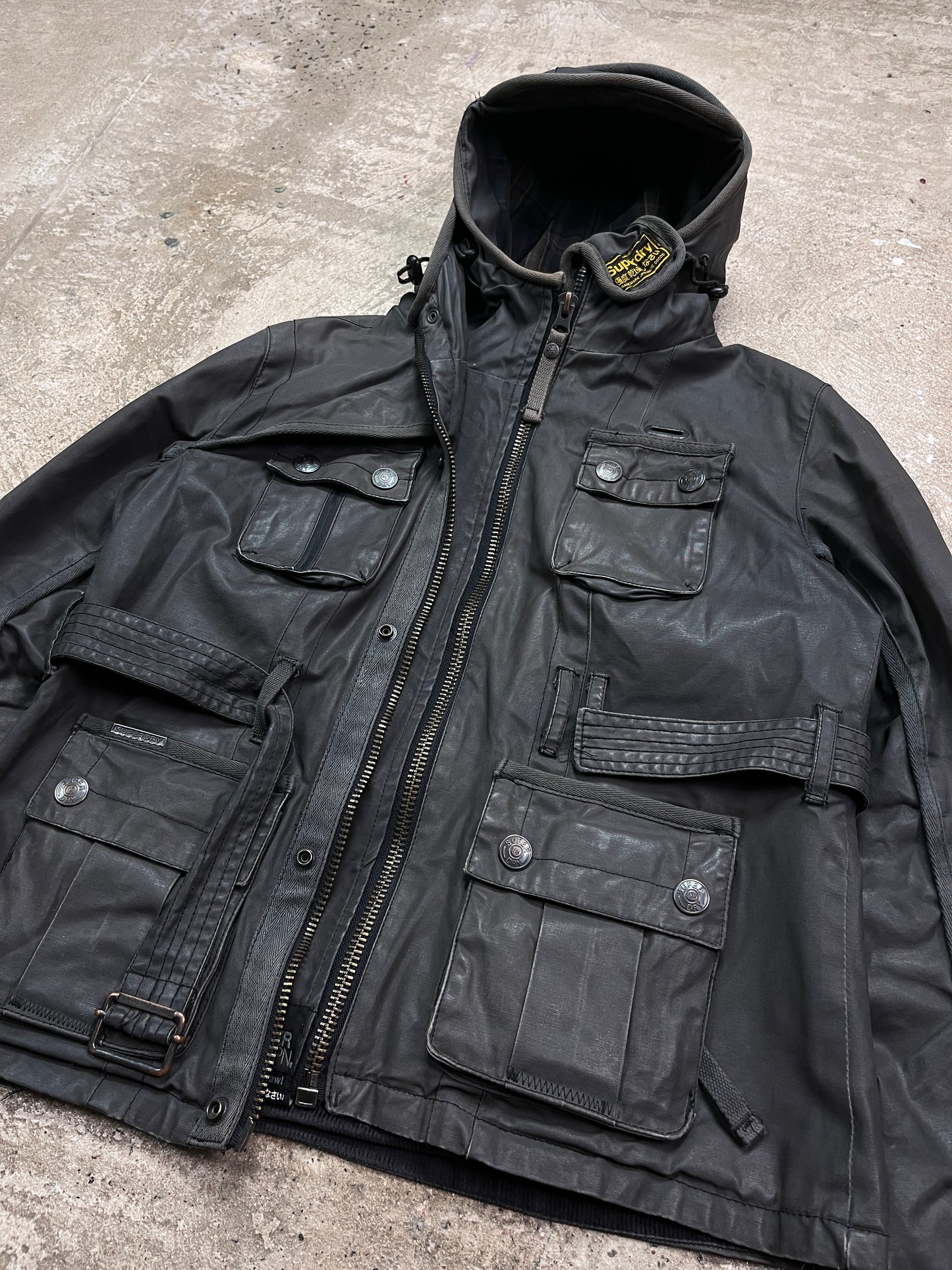SUPERDRY DOUBLE HOODED WAXED MULTIPOCKET BIKER JACKET 2000s