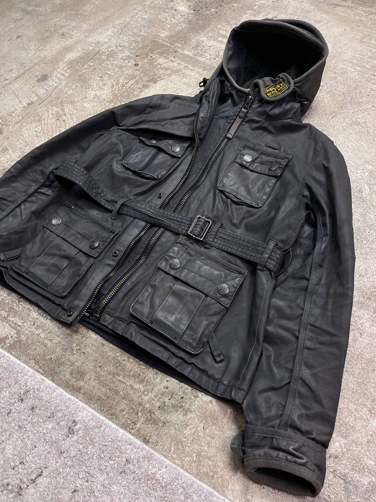 SUPERDRY DOUBLE HOODED WAXED MULTIPOCKET BIKER JACKET 2000s