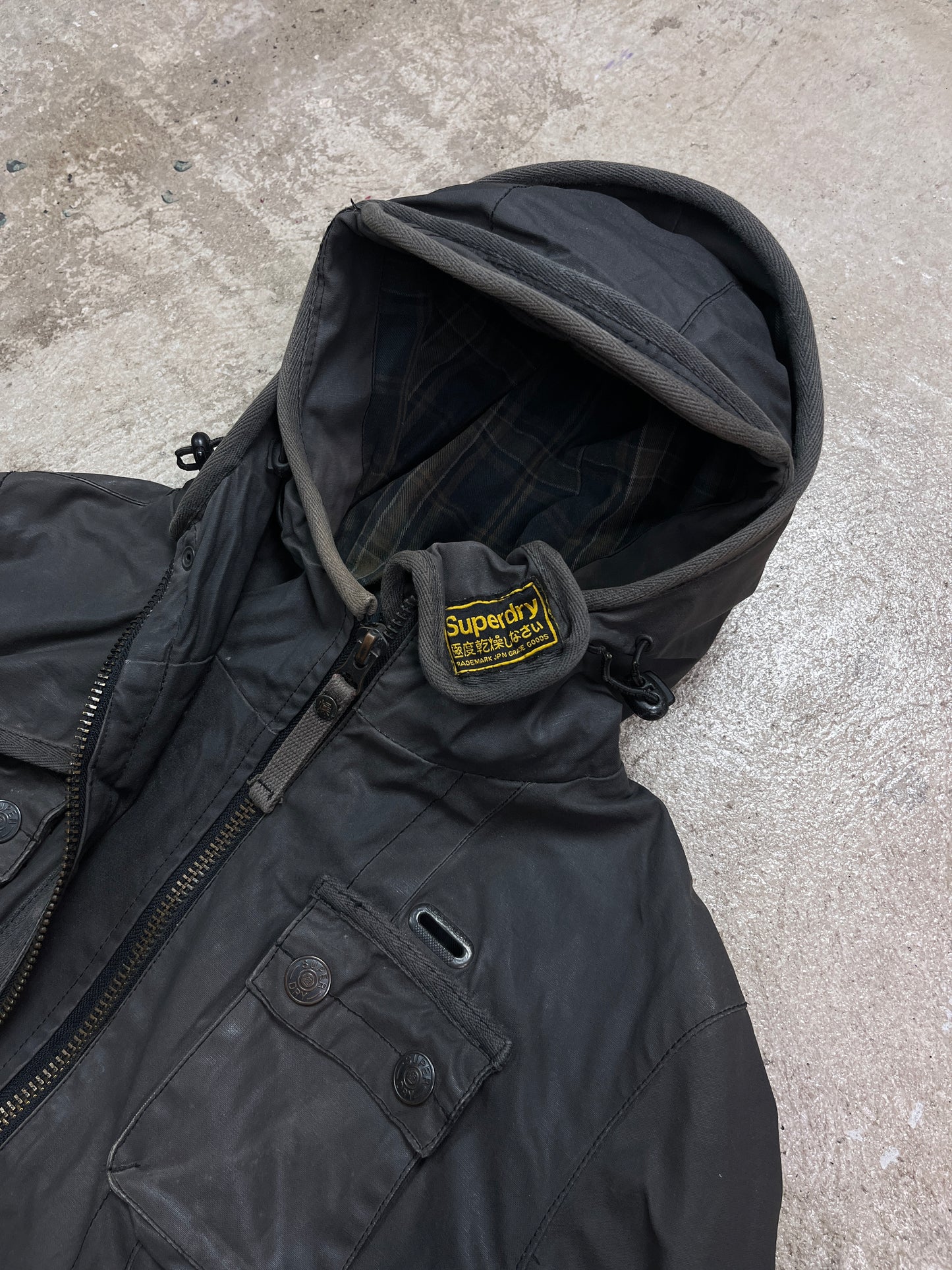 SUPERDRY DOUBLE HOODED WAXED MULTIPOCKET BIKER JACKET 2000s