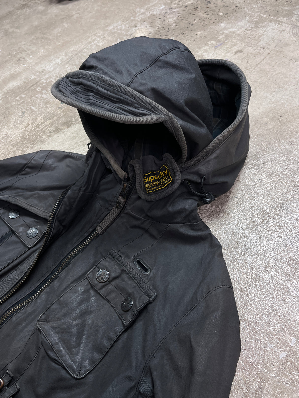 SUPERDRY DOUBLE HOODED WAXED MULTIPOCKET BIKER JACKET 2000s