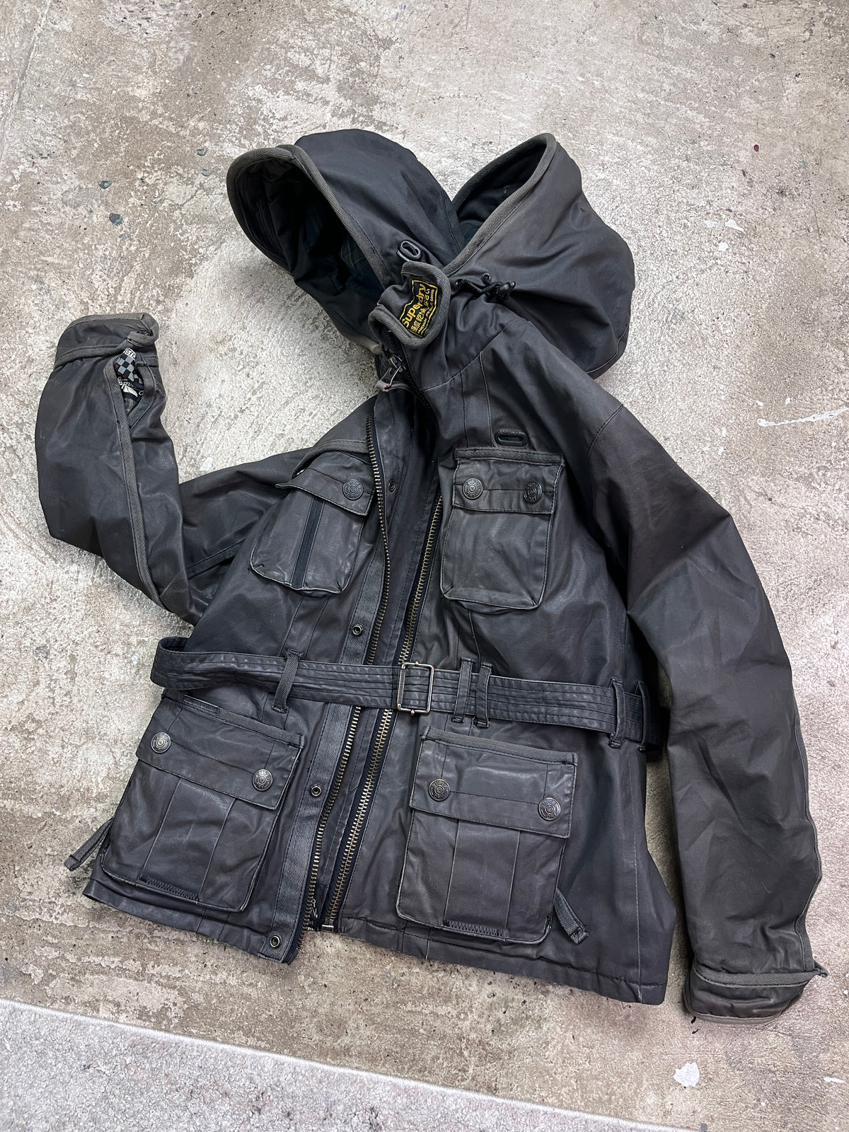 SUPERDRY DOUBLE HOODED WAXED MULTIPOCKET BIKER JACKET 2000s