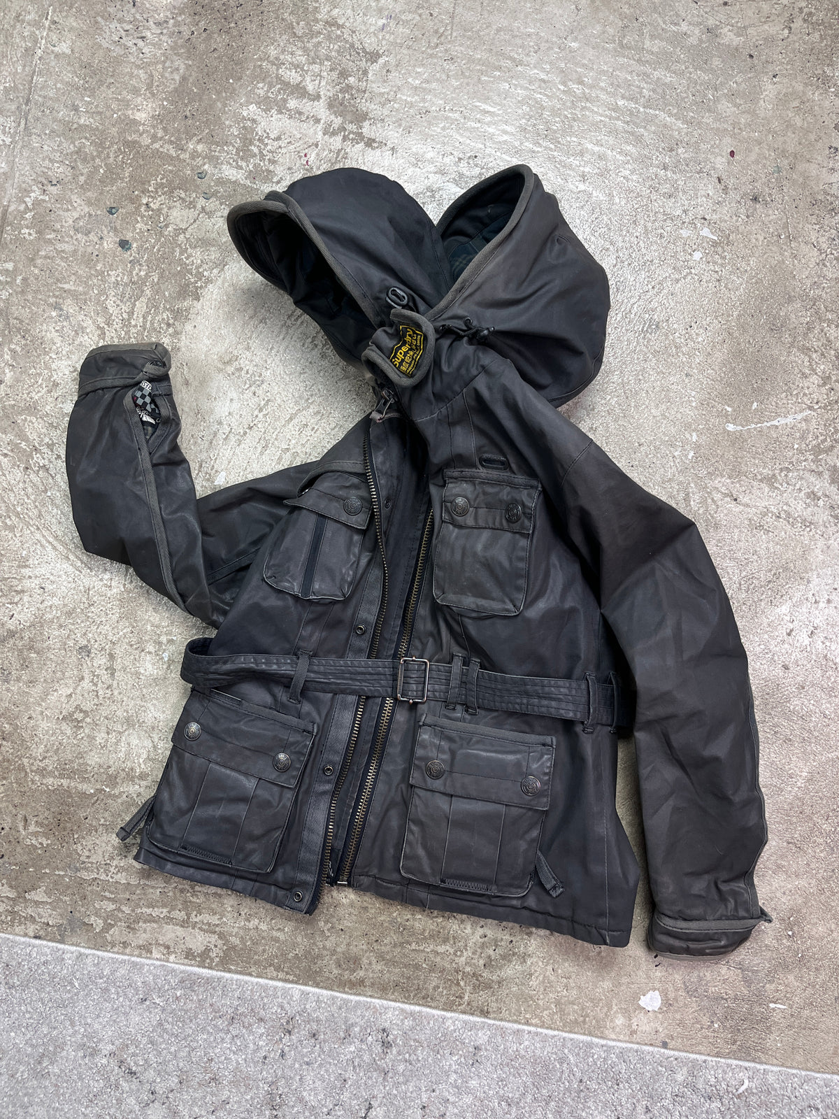 SUPERDRY DOUBLE HOODED WAXED MULTIPOCKET BIKER JACKET 2000s