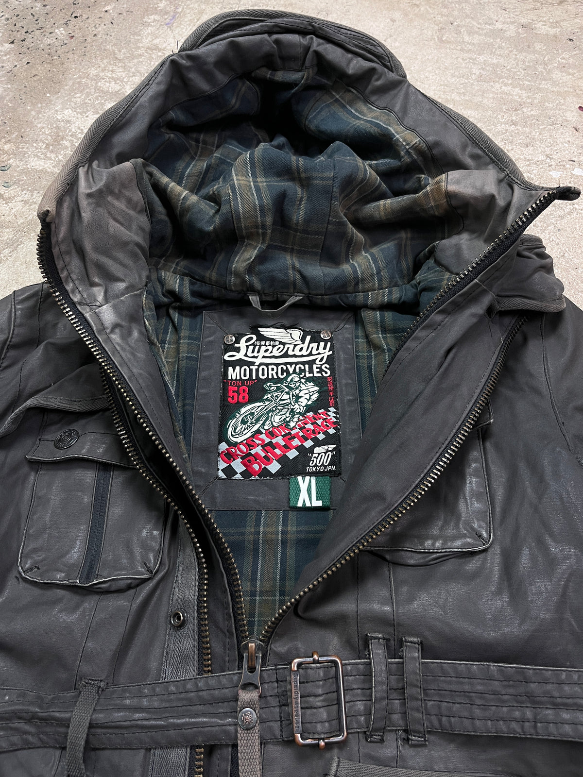 SUPERDRY DOUBLE HOODED WAXED MULTIPOCKET BIKER JACKET 2000s