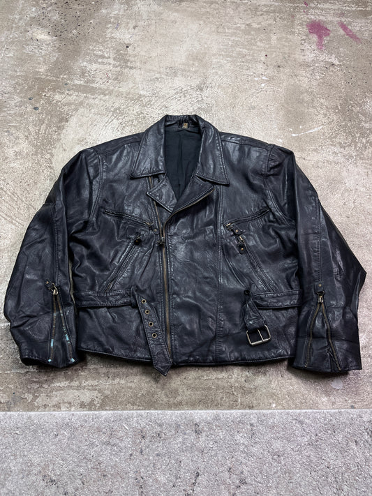1980s VINTAGE REAL LEATHER BOXY BIKER JACKET