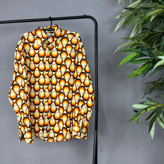 1970s RETRO STYLE GEOMETRIC PATTERN BIG COLLAR DISCO SHIRT