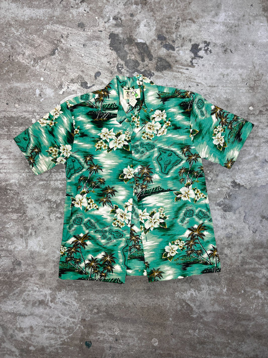 1980s TROPICAL GREEN ALOHA SHIRT MADE IN HAWAII