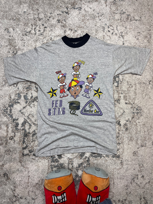RETRO CARTOON GRAPHIC RINGER №ONE FIELD SETTING TEE 1980s