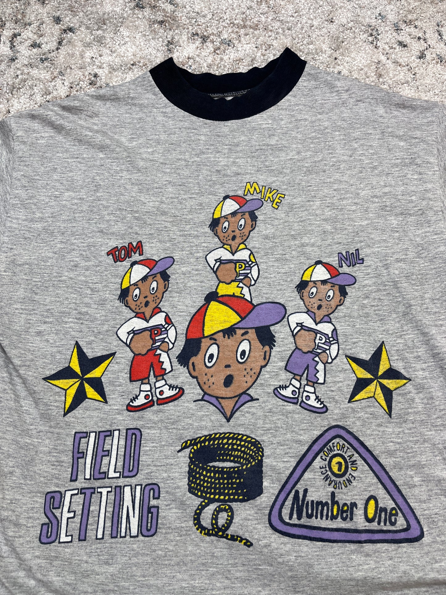 RETRO CARTOON GRAPHIC RINGER №ONE FIELD SETTING TEE 1980s