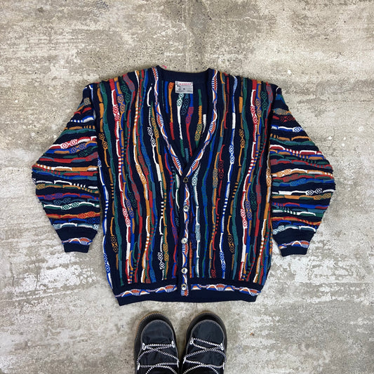 1980s MEEROO AUSTRALIA MERINO WOOL 3D PATTERN CARDIGAN
