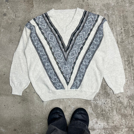 V NECK KNITTED 3D PATTERN SWEATER 1990s