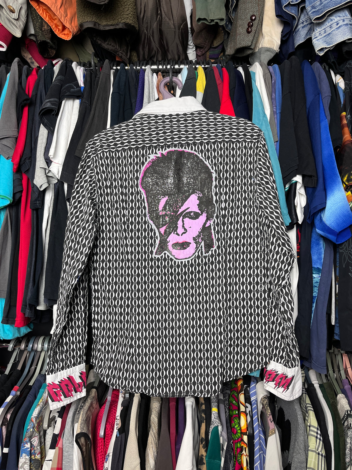 DAVID BOWIE GLAM HANDMADE BEADS GEOMETRIC PATTERN BUTTON SHIRT 1980s