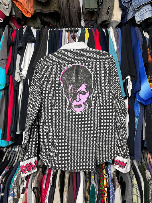 DAVID BOWIE GLAM HANDMADE BEADS GEOMETRIC PATTERN BUTTON SHIRT 1980s
