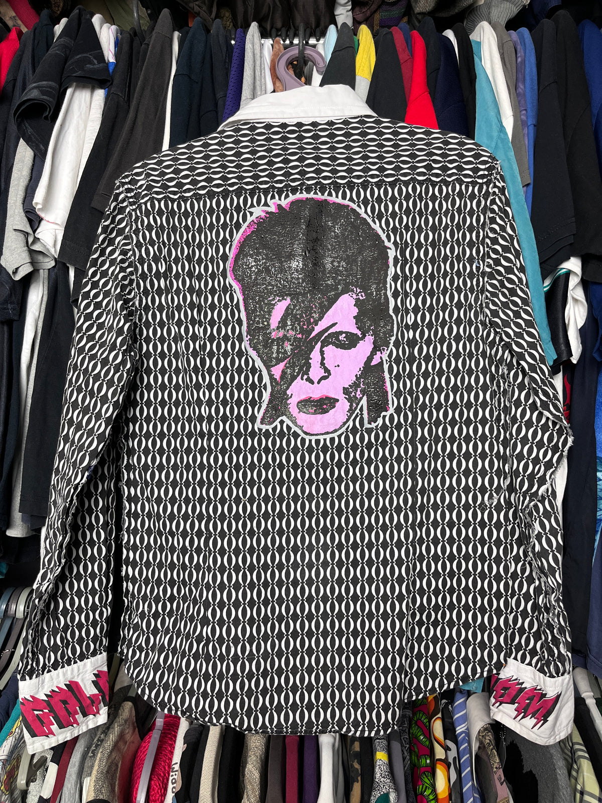 DAVID BOWIE GLAM HANDMADE BEADS GEOMETRIC PATTERN BUTTON SHIRT 1980s