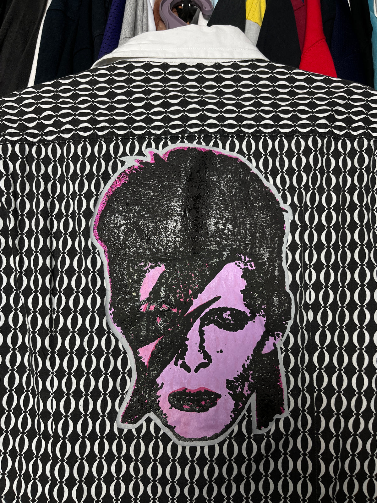 DAVID BOWIE GLAM HANDMADE BEADS GEOMETRIC PATTERN BUTTON SHIRT 1980s