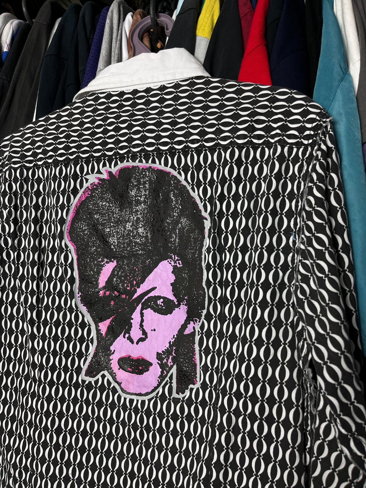 DAVID BOWIE GLAM HANDMADE BEADS GEOMETRIC PATTERN BUTTON SHIRT 1980s