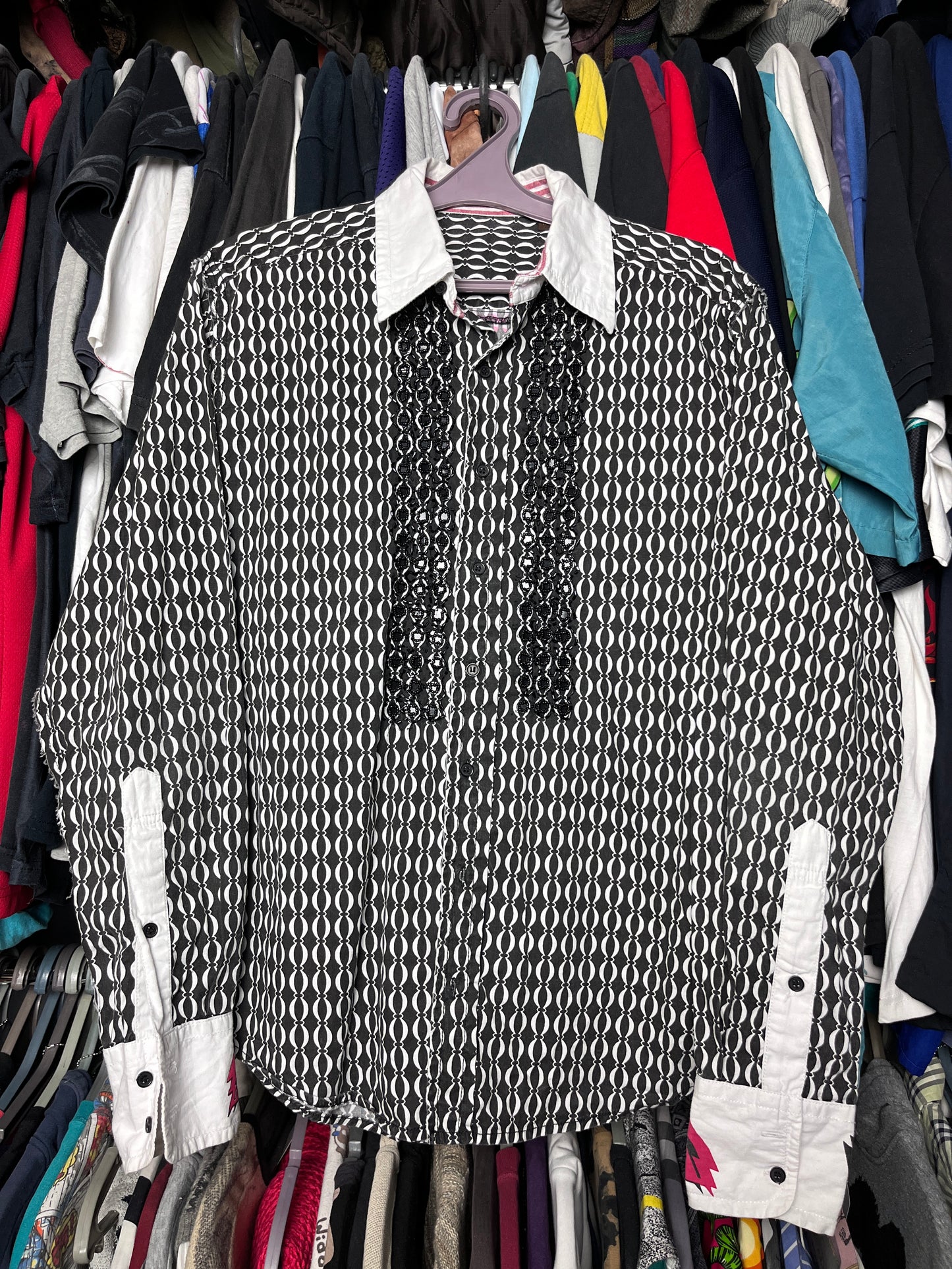 DAVID BOWIE GLAM HANDMADE BEADS GEOMETRIC PATTERN BUTTON SHIRT 1980s