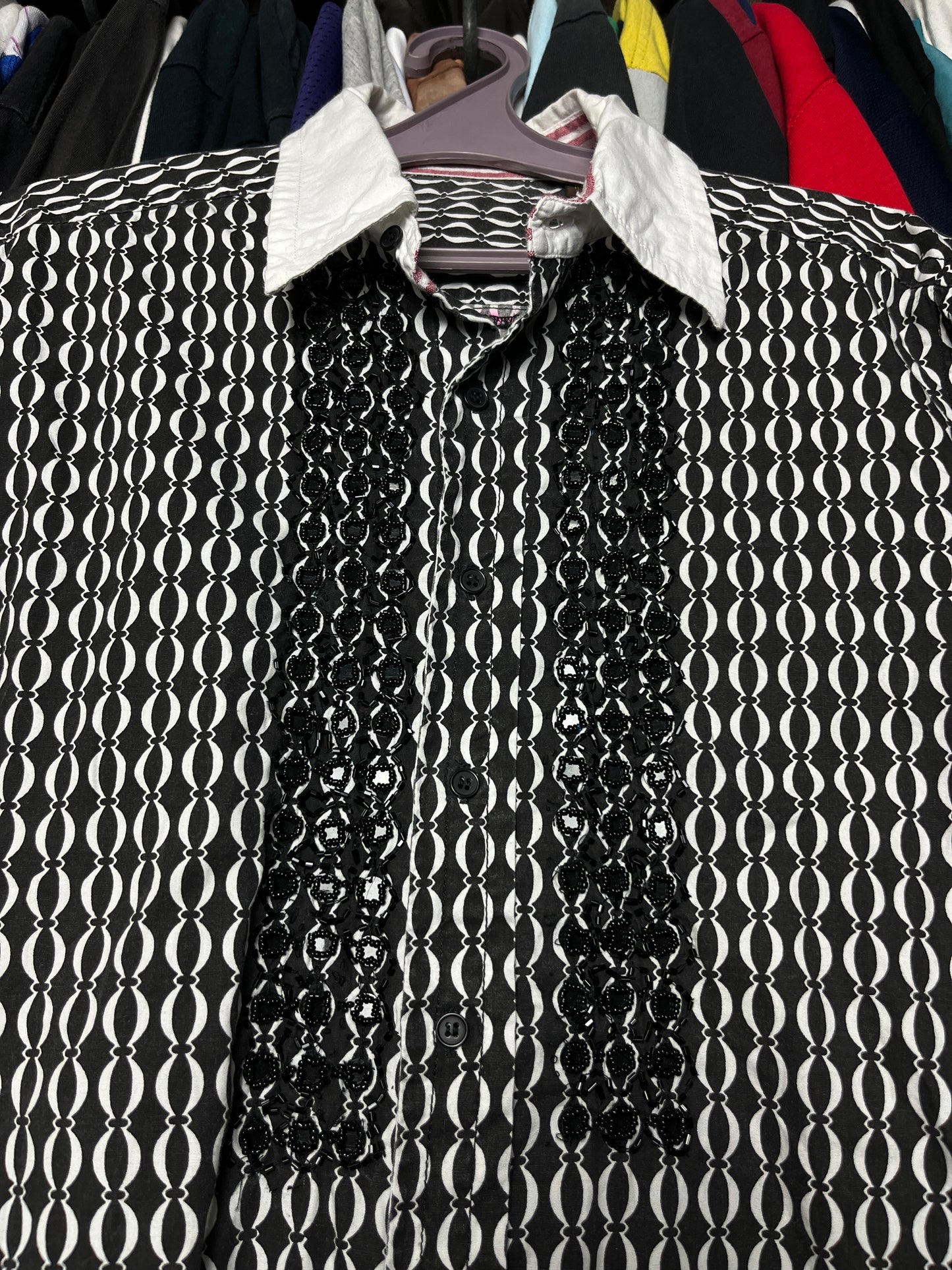 DAVID BOWIE GLAM HANDMADE BEADS GEOMETRIC PATTERN BUTTON SHIRT 1980s