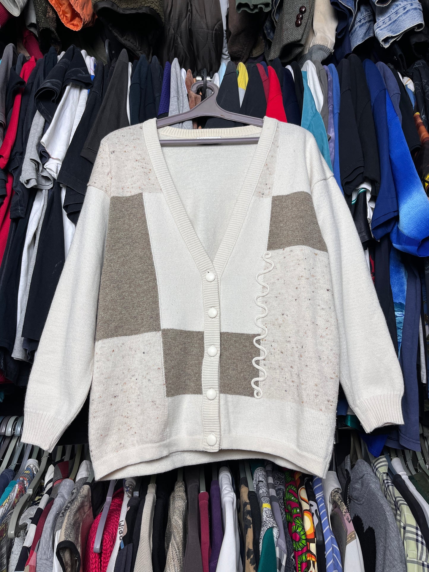 1980s CREAM BEIGE PATCHWORK CARDIGAN