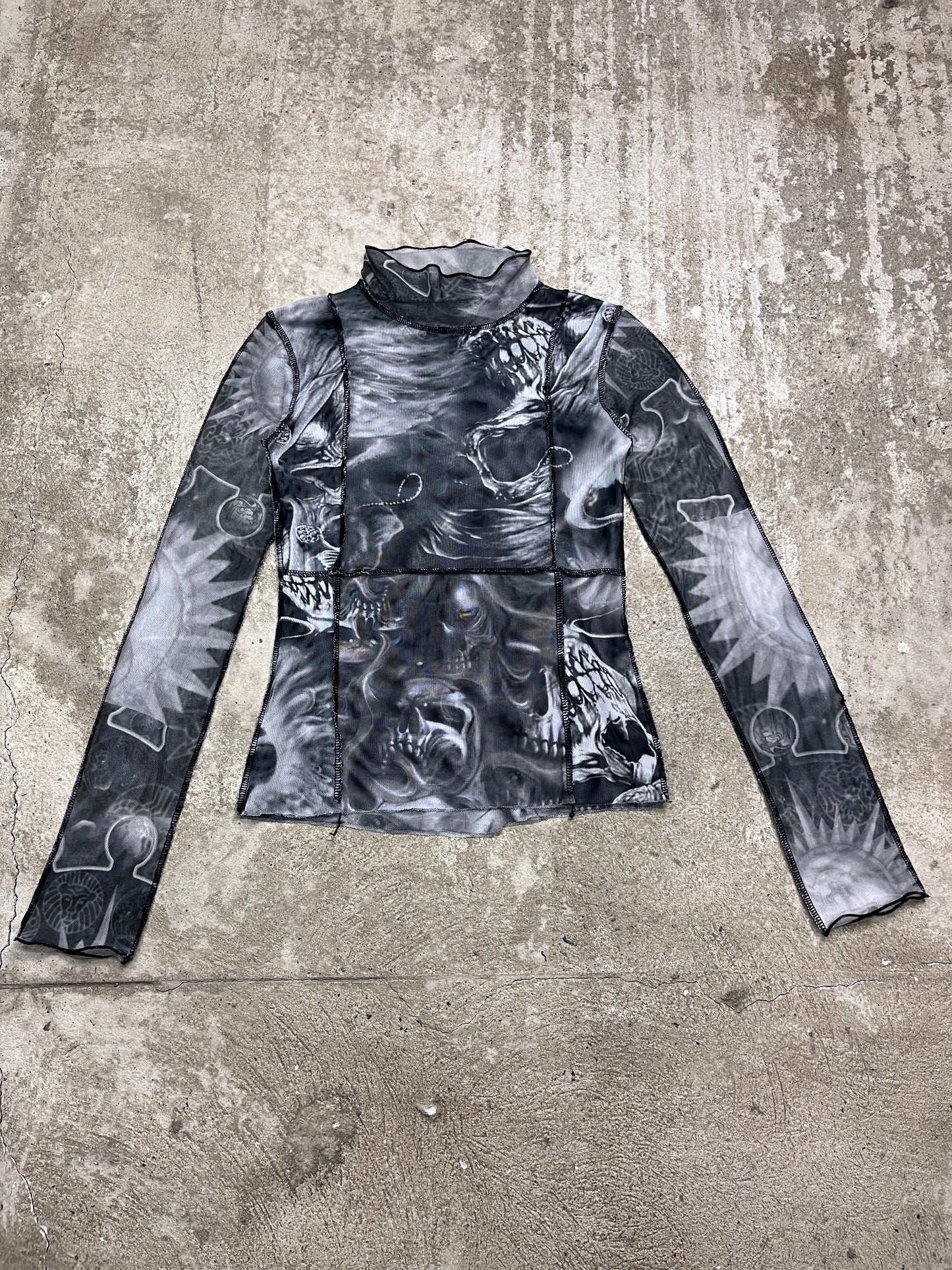Y2K PATCHWORK OVERPRINTED SKULL MESH TOP