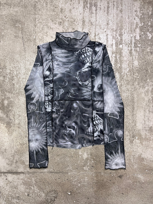 Y2K PATCHWORK OVERPRINTED SKULL MESH TOP