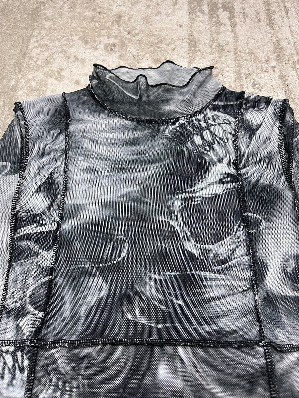 Y2K PATCHWORK OVERPRINTED SKULL MESH TOP