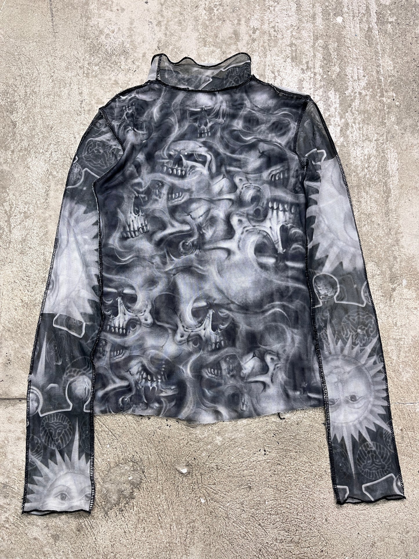 Y2K PATCHWORK OVERPRINTED SKULL MESH TOP