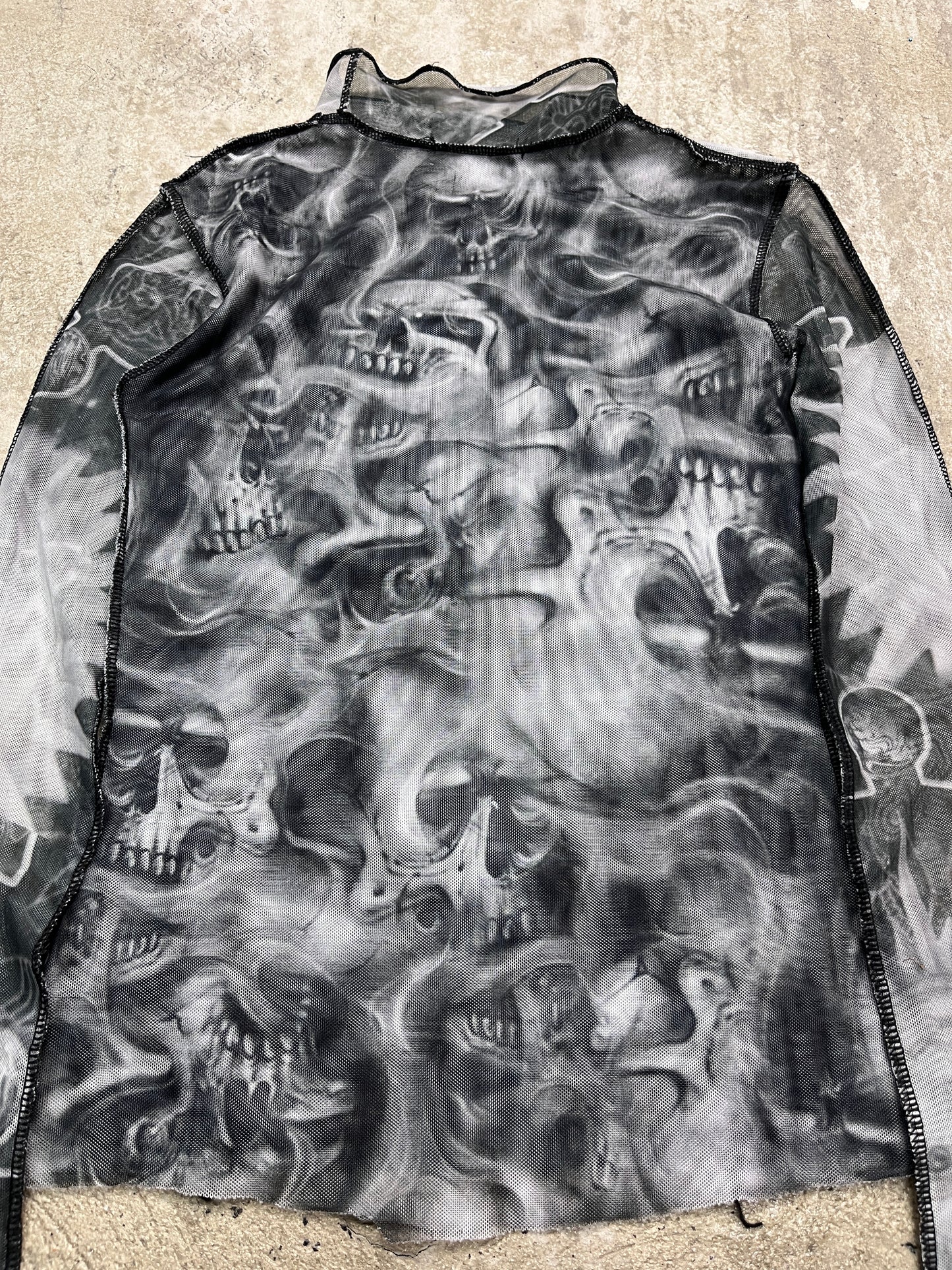 Y2K PATCHWORK OVERPRINTED SKULL MESH TOP