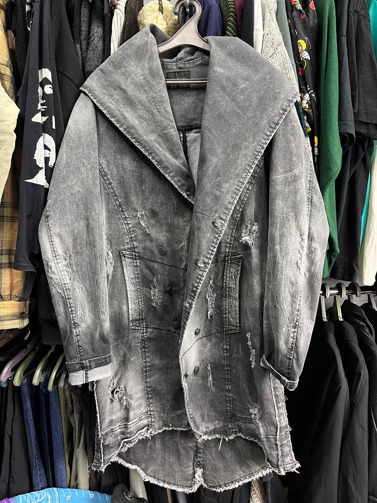 XAGON MAN ITALIAN DISTRESSED FADED DENIM COAT JACKET 2000s