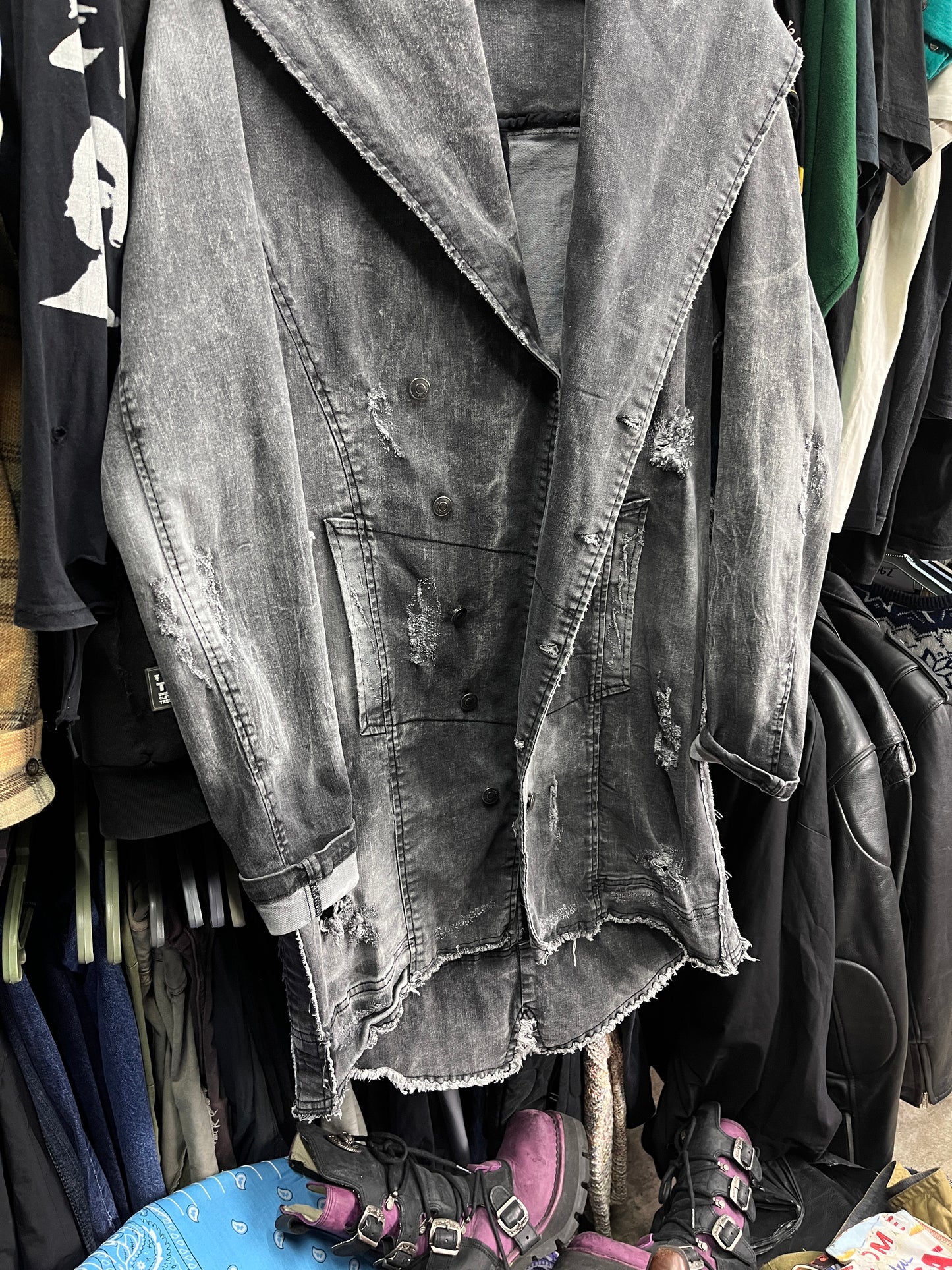 XAGON MAN ITALIAN DISTRESSED FADED DENIM COAT JACKET 2000s