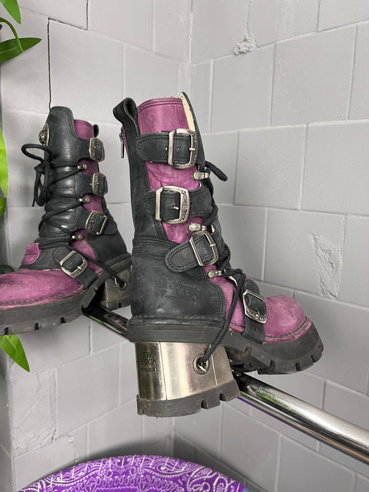 VINTAGE NEW ROCK METALLIC M-8366-S1 PURPLE & BLACK LEATHER BOOTS (2004)