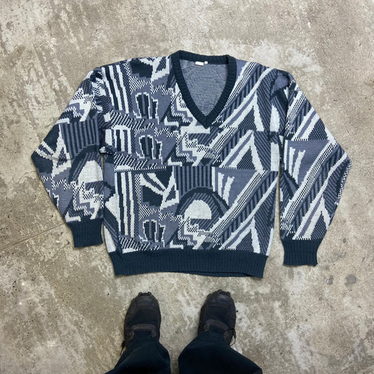 1980s ABSTRACT ART DECO GEOMETRIC PATTERN KNITTED SWEATER